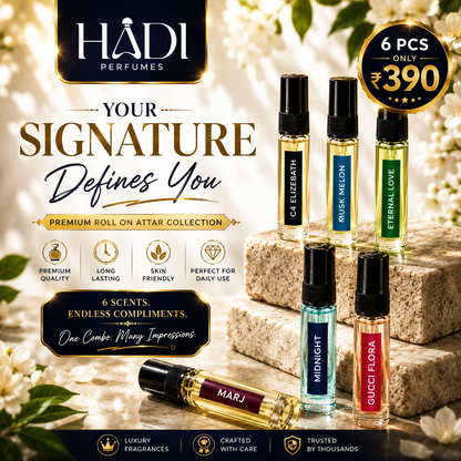HADI Premium Roll-On Attar Combo (6 PCS) | Long Lasting Perfume Oils | ₹390