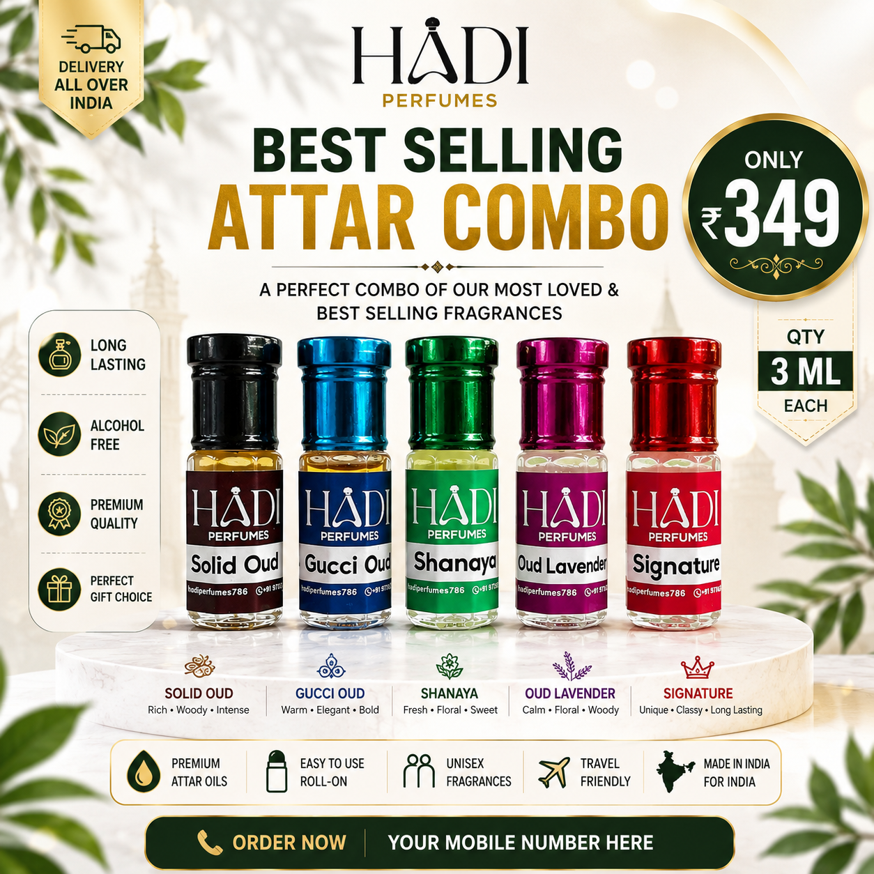 HADI Perfumes Best Selling Attar Combo – 5 x 3 ML Roll-On Attars